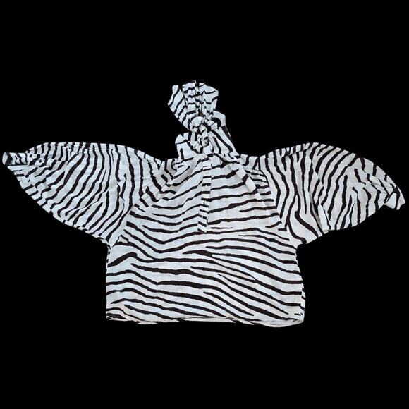 Balloon Long Sleeved Cropped Neck Bow Blouse Size 0 Zebra Print Brown Ivory - Picture 5 of 5